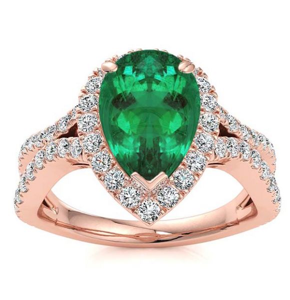 Pear Emerald with Diamond Halo and Split Shank-Rose Gold-10K
