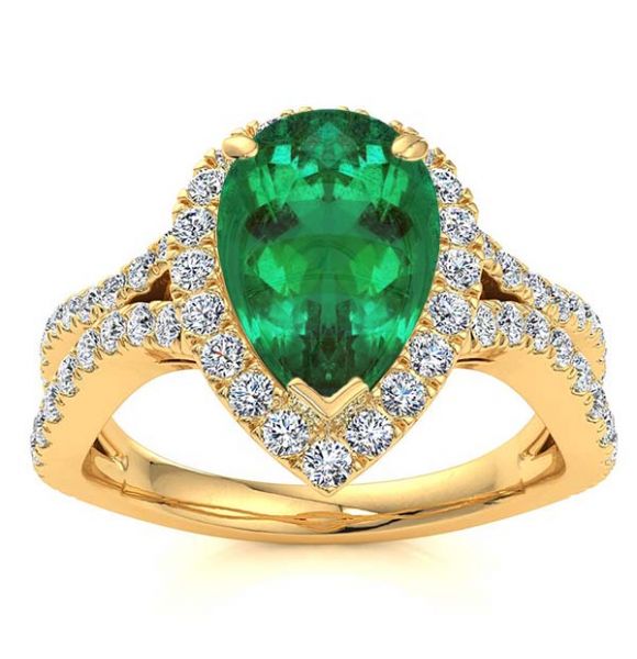 Pear Emerald with Diamond Halo and Split Shank-Yellow Gold-10K