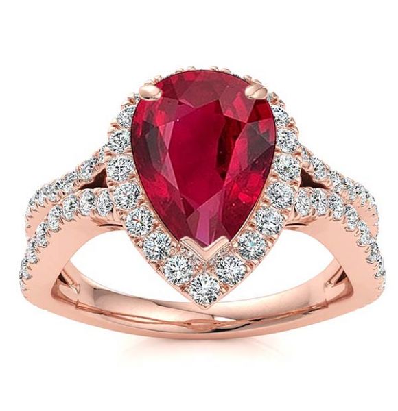 Pear Ruby with Diamond Halo and Split Shank-Rose Gold-10K
