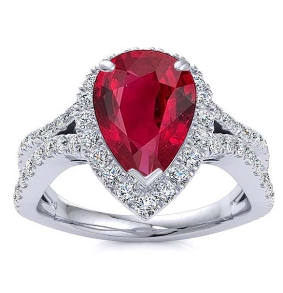 Pear Ruby with Diamond Halo and Split Shank-White Gold-10K