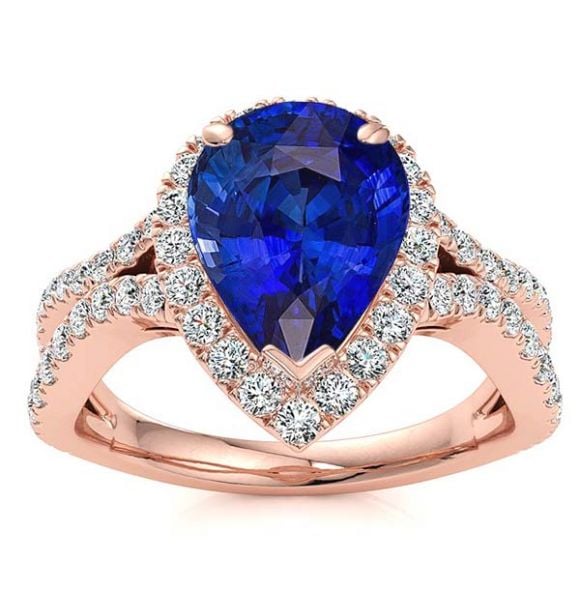 Pear Blue Sapphire with Diamond Halo and Split Shank-Rose Gold-10K